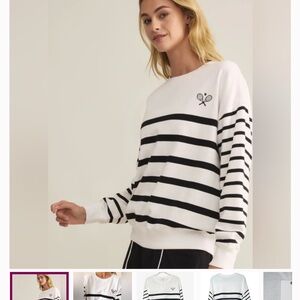 Striped White and Black Crewneck Sweater - Tennis Detail